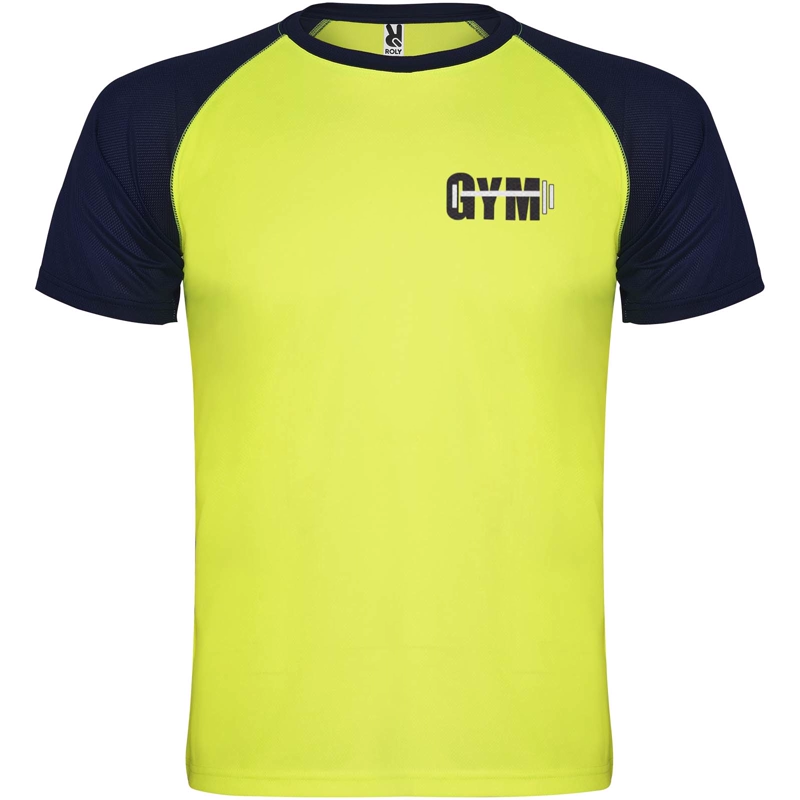 Indianapolis 140 g/m² kortærmet unisex sports t-shirt i farven Fluorgul / Marineblå